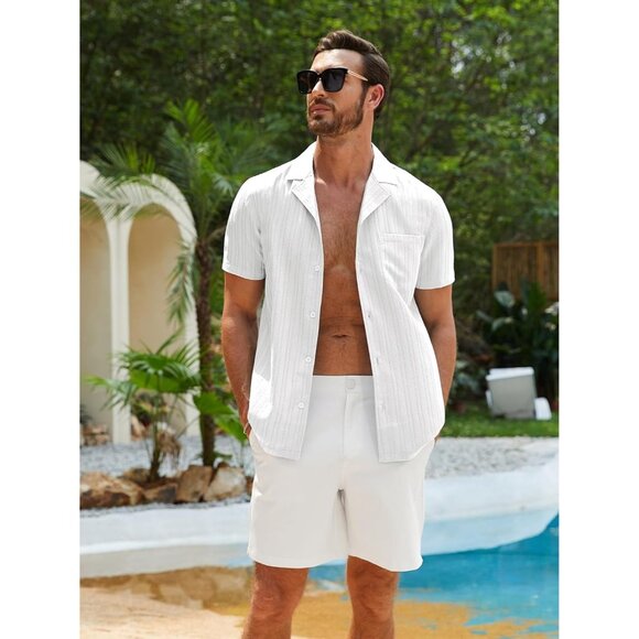 Men White Casual Cuban Lightweight Short Sleeve Button Down Shirt Textured Beach - Picture 9 of 9